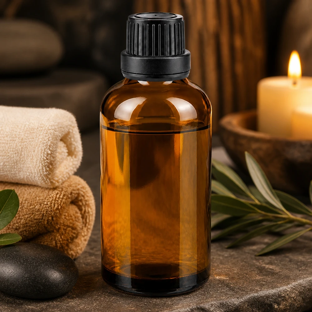 Flacone da farmacia marrone da 50 ml con tappo di sicurezza nero su una pietra naturale, accanto ad accessori per il benessere