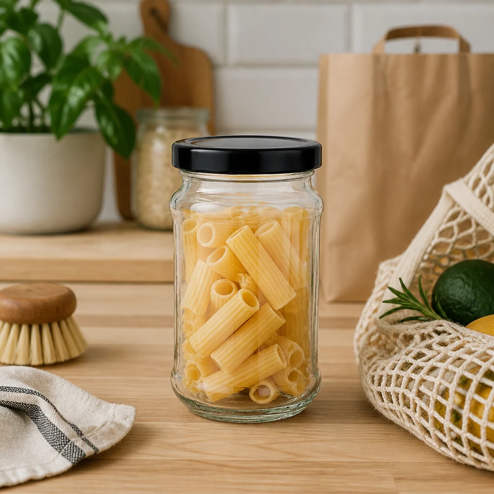 Barattolo rotondo da 390 ml con coperchio BasicSeal nero UNiTWIST Barattolo rotondo da 390 ml con coperchio nero BasicSeal riempito di pasta su un piano di lavoro in legno - ideale per conservare la pasta