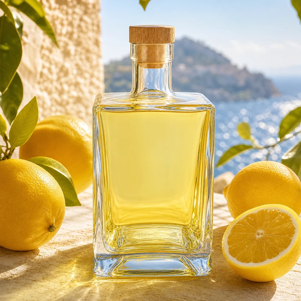 Bottiglia di vetro da 700 ml di Ben riempita di liquore giallo tra i limoni in un ambiente mediterraneo con tappo in sughero