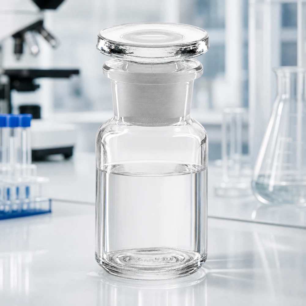 Flacone a spalla arrotondata da 50 ml trasparente con collo largo e tappo di vetro su un tavolo da laboratorio bianco