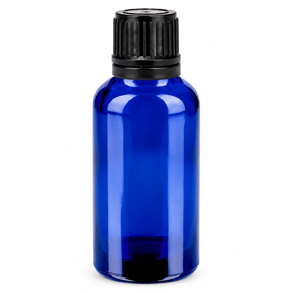 Bottiglia da 30ml 11mm SV nero OV BlueLine UT18/30 Flacone compatto da 30 ml in vetro blu con tappo SV nero per sieri e tinture