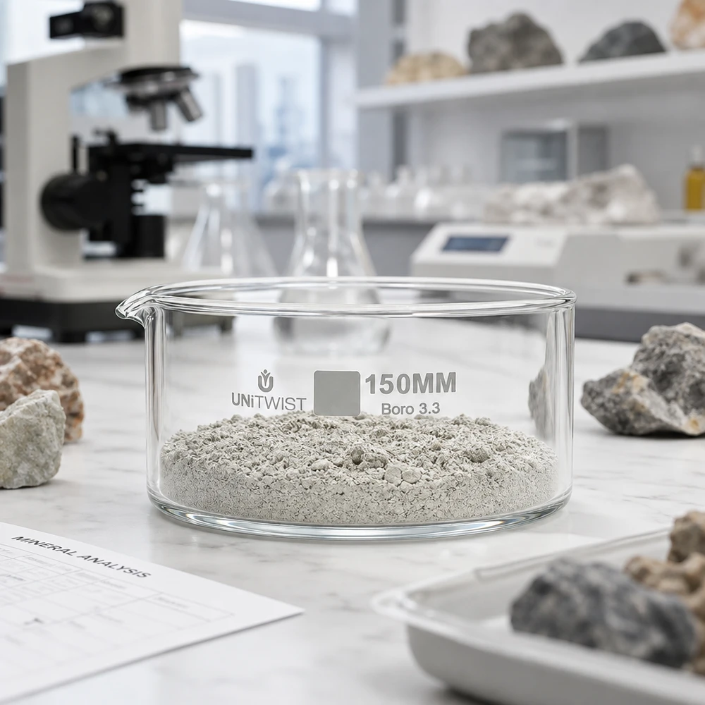 Piatto per cristallizzare ø150mm in vetro borosilicato UNiTWIST Vaschetta di cristallizzazione da 150 mm UNiTWIST Boro 3.3 con polvere minerale grigia per l'analisi minerale in laboratorio