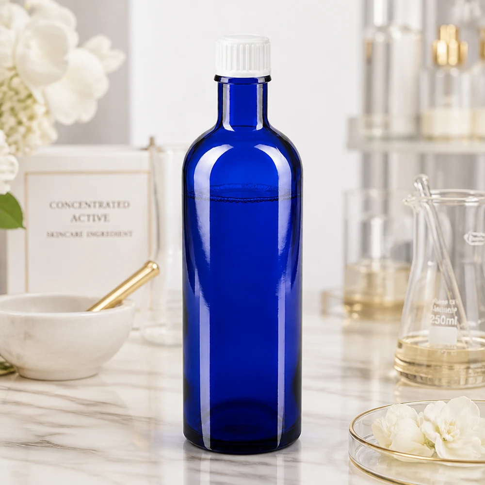 Bottiglia per farmacia blu 200ml tappo a vite bianco pc Flacone da farmacia blu cobalto da 200 ml con protezione UV, in vetro borosilicato e con tappo bianco