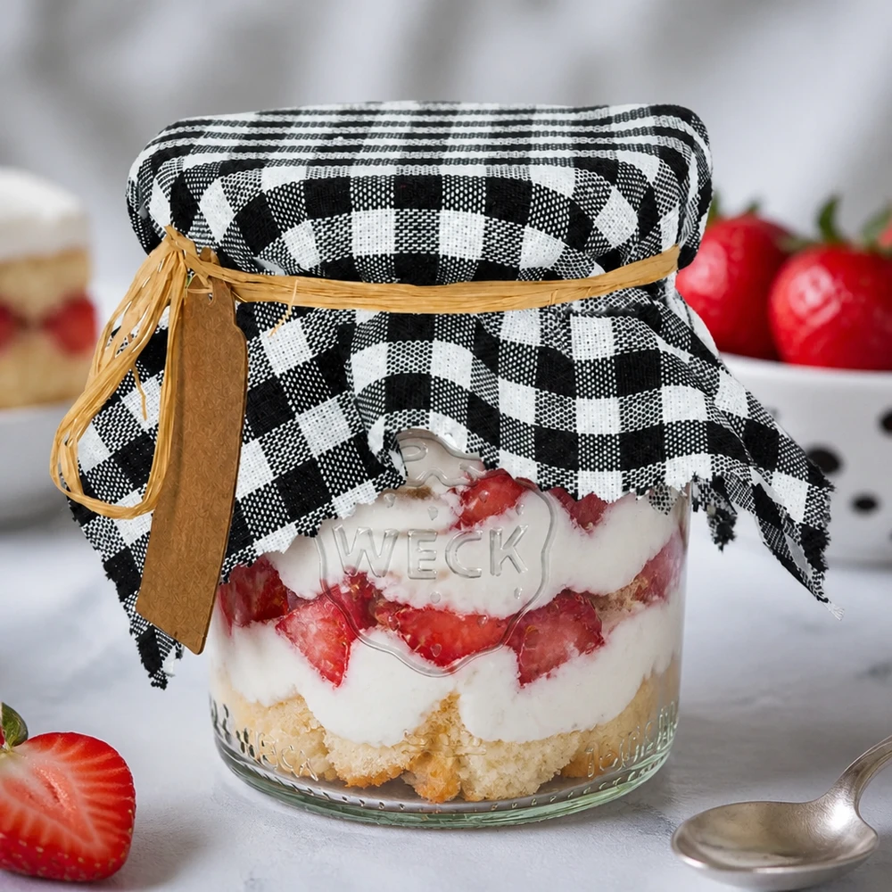 Centrino decorativo a scacchi bianchi e neri su vasetto da dessert con fragole e panna decorazione rustica 15 cm quadrati