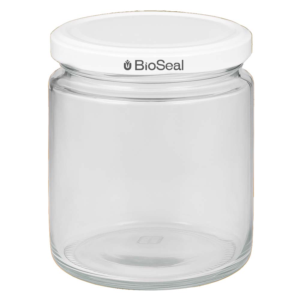 Vasetto per miele da 350 g con capsula bianca BioSeal UNiTWIST