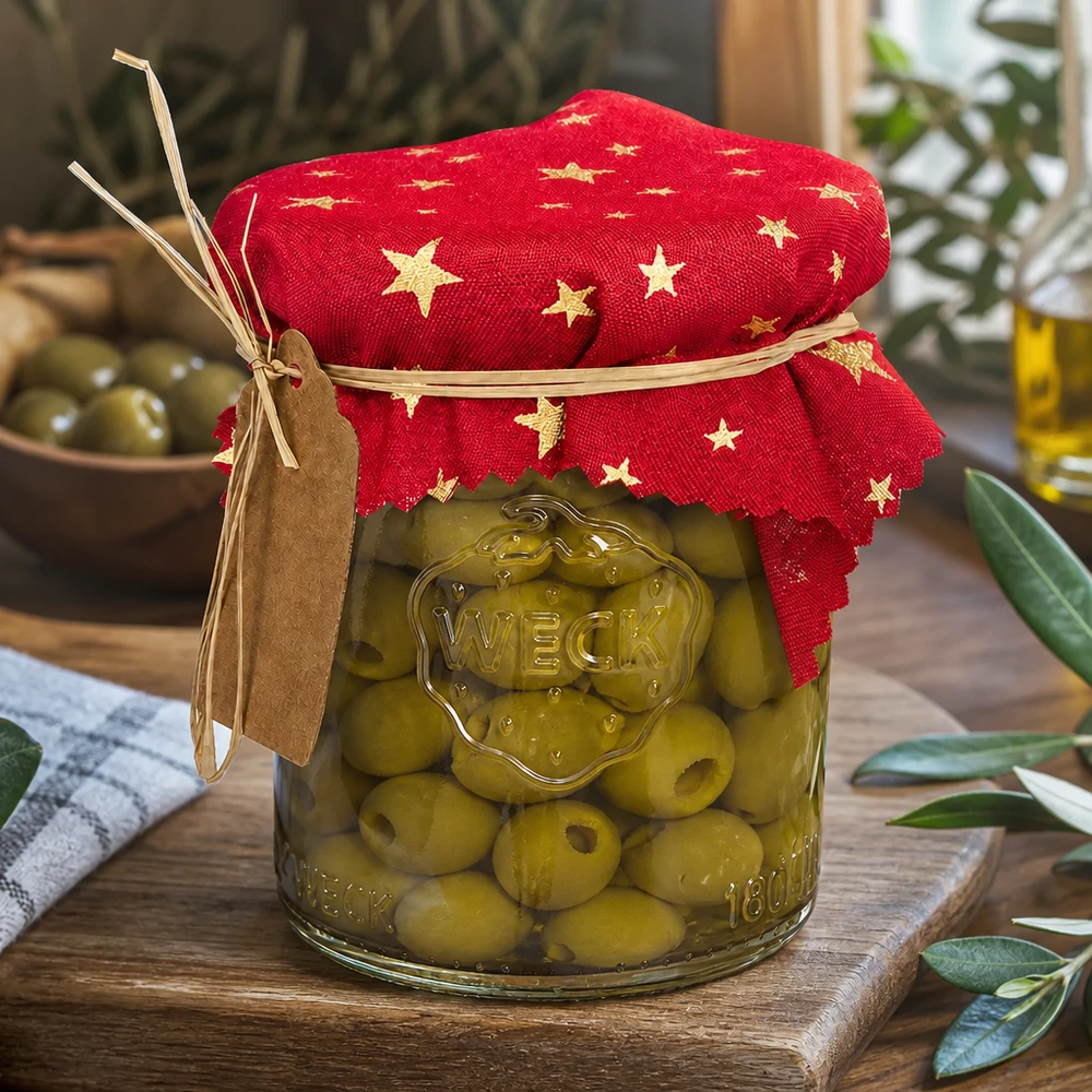 Centrino in tessuto rosso con motivo a stella 12cm su vaso di olive decorazione cucina mediterranea conserva vaso con ciondolo