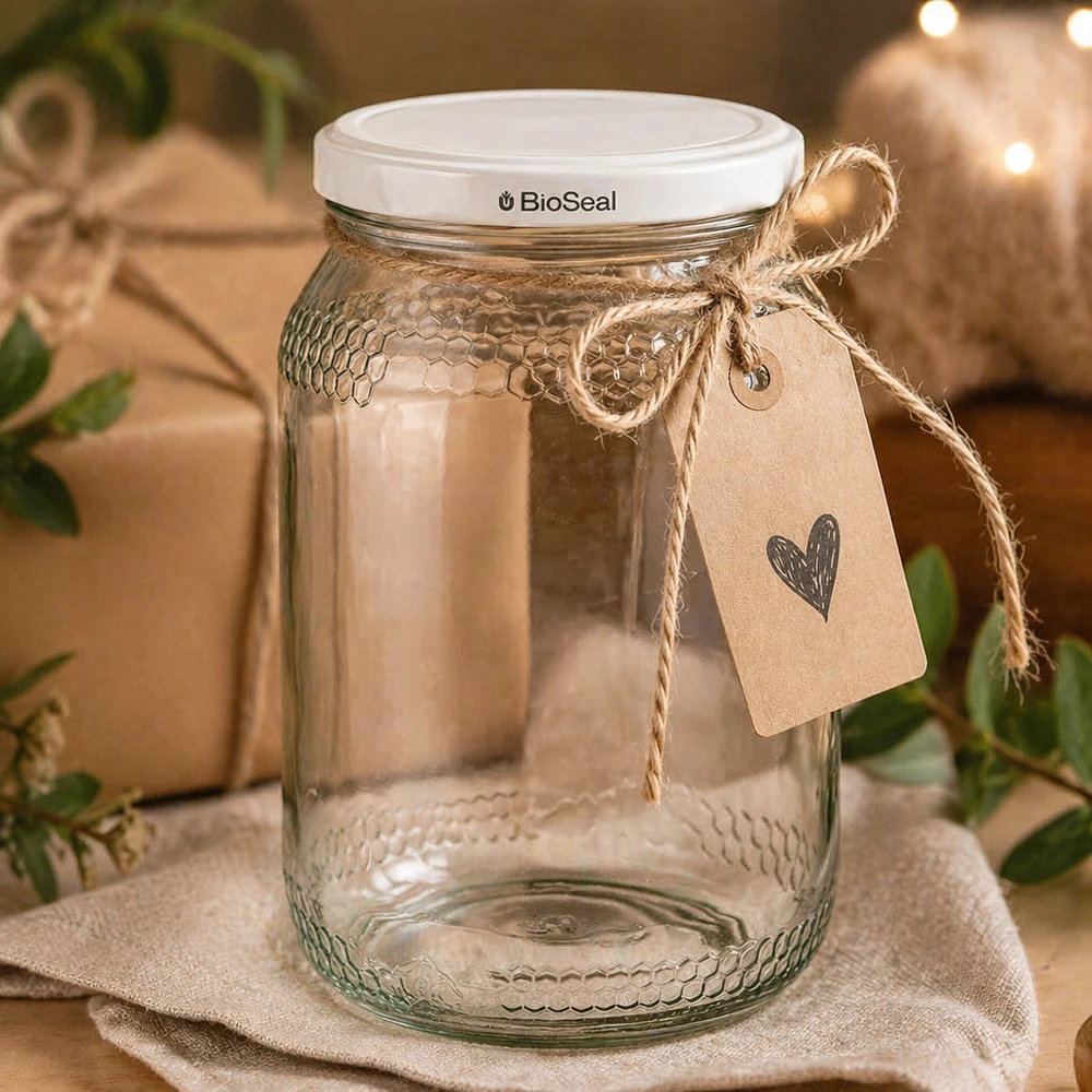 Vasetto per miele da 1260 g con capsula bianca BioSeal UNiTWIST Vasetto di miele da 900 ml con coperchio BioSeal e cordino di iuta come confezione regalo su tela di lino con etichetta in carta kraft