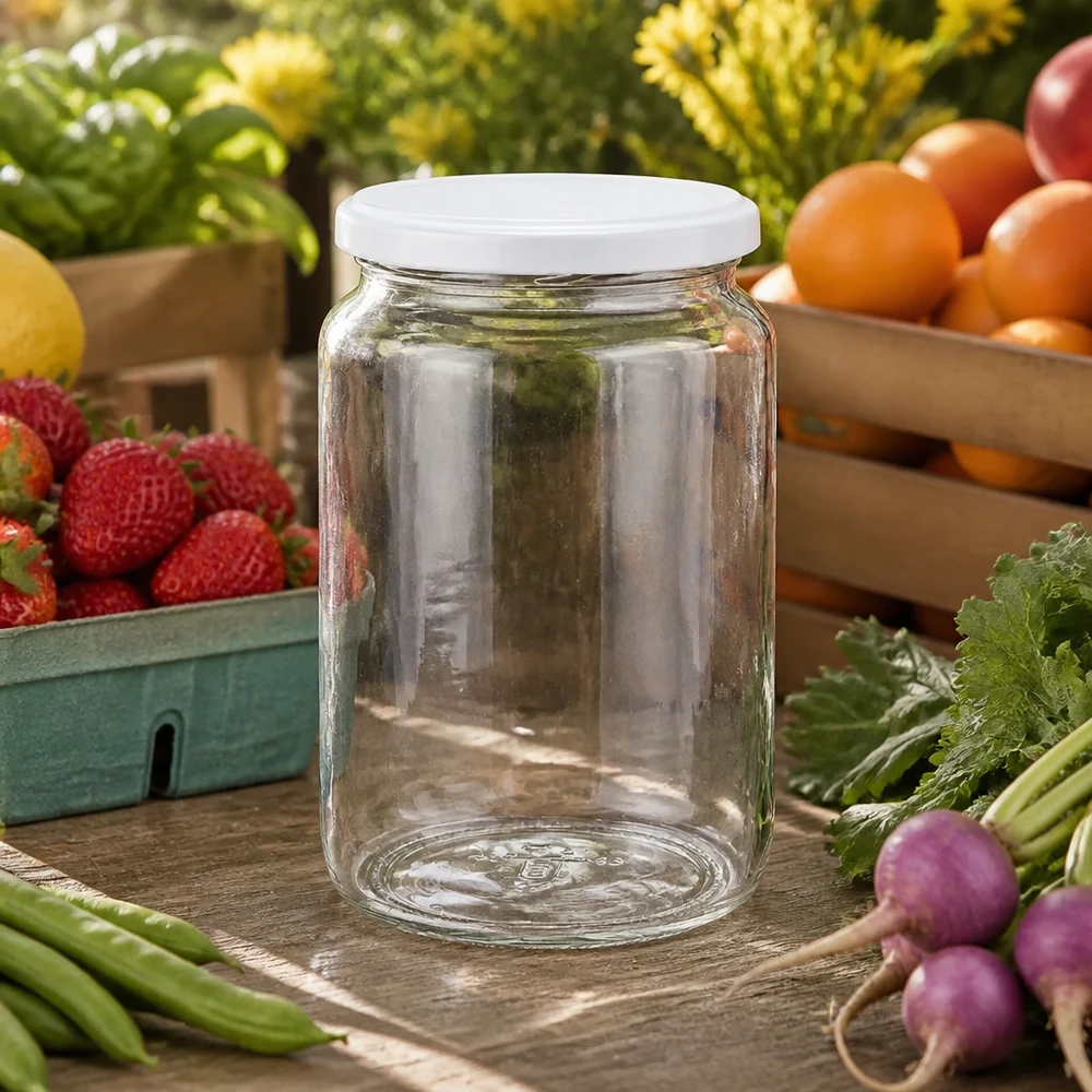 Barattolo rotondo da 795 ml con coperchio BasicSeal bianco UNiTWIST Klares 795ml Rundglas mit weißem Deckel inmitten von frischem Obst und Gemüse - perfekt für Marmelade und Eingemachtes