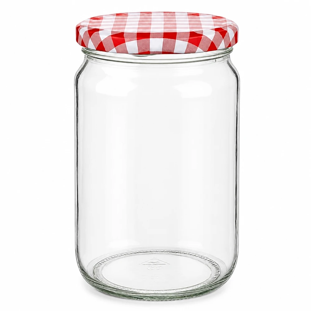 Barattolo rotondo da 795 ml con coperchio BasicSeal rosso/bianco UN.. Barattolo rotondo da 795 ml con coperchio BasicSeal a scacchi rossi e bianchi, barattolo vuoto per conserve e stoccaggio