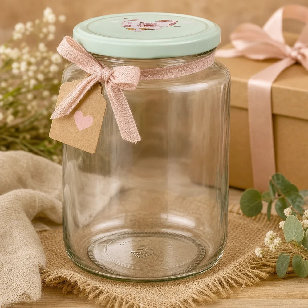 795ml vaso rotondo + coperchio BasicSeal cuore menta UNiTWIST Barattolo rotondo da 795 ml con coperchio a forma di cuore BasicSeal alla menta, decorato con un fiocco rosa e un'etichetta regalo come idea regalo