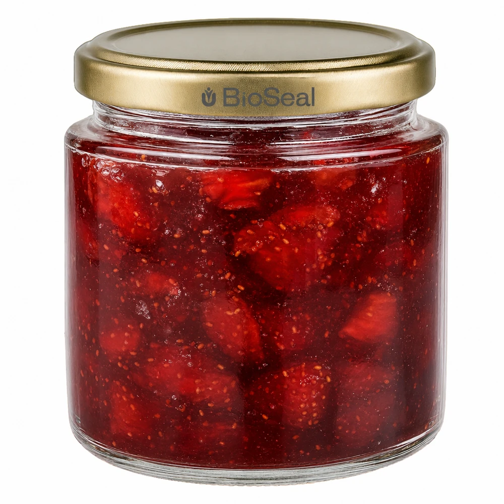 Vasetto per miele da 350 g con capsula dorata BioSeal UNiTWIST Vasetto BioSeal da 250 ml con marmellata di fragole fatta in casa, coperchio dorato UNiTWIST per marmellata e frutta spalmabile
