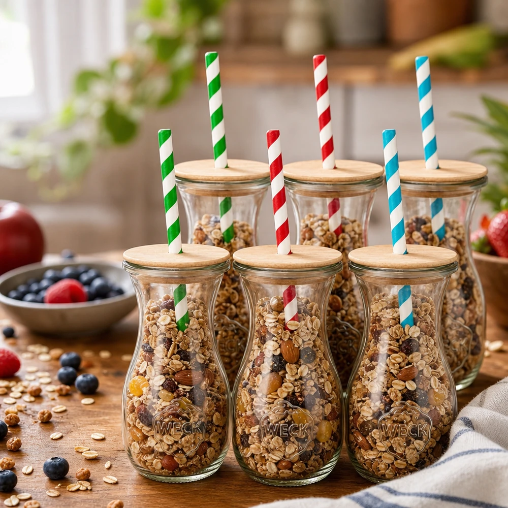 Bottiglie di succo WECK da 290 ml riempite con noci di muesli come barattoli di stoccaggio coperchi in legno cannucce di carta colorate decorazione della cucina