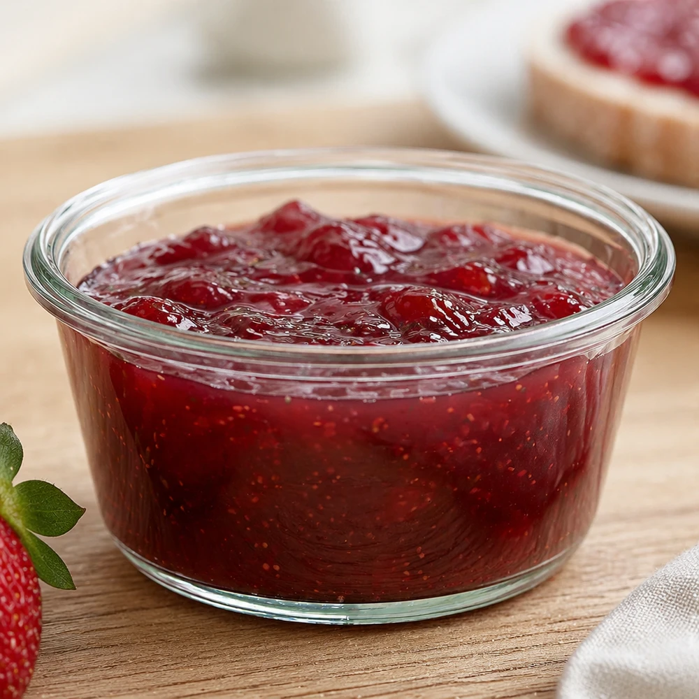 WECK RR100 Barattolo gourmet da 290 ml pieno di marmellata di fragole su una tavola da cucina accanto a fragole e pane con marmellata