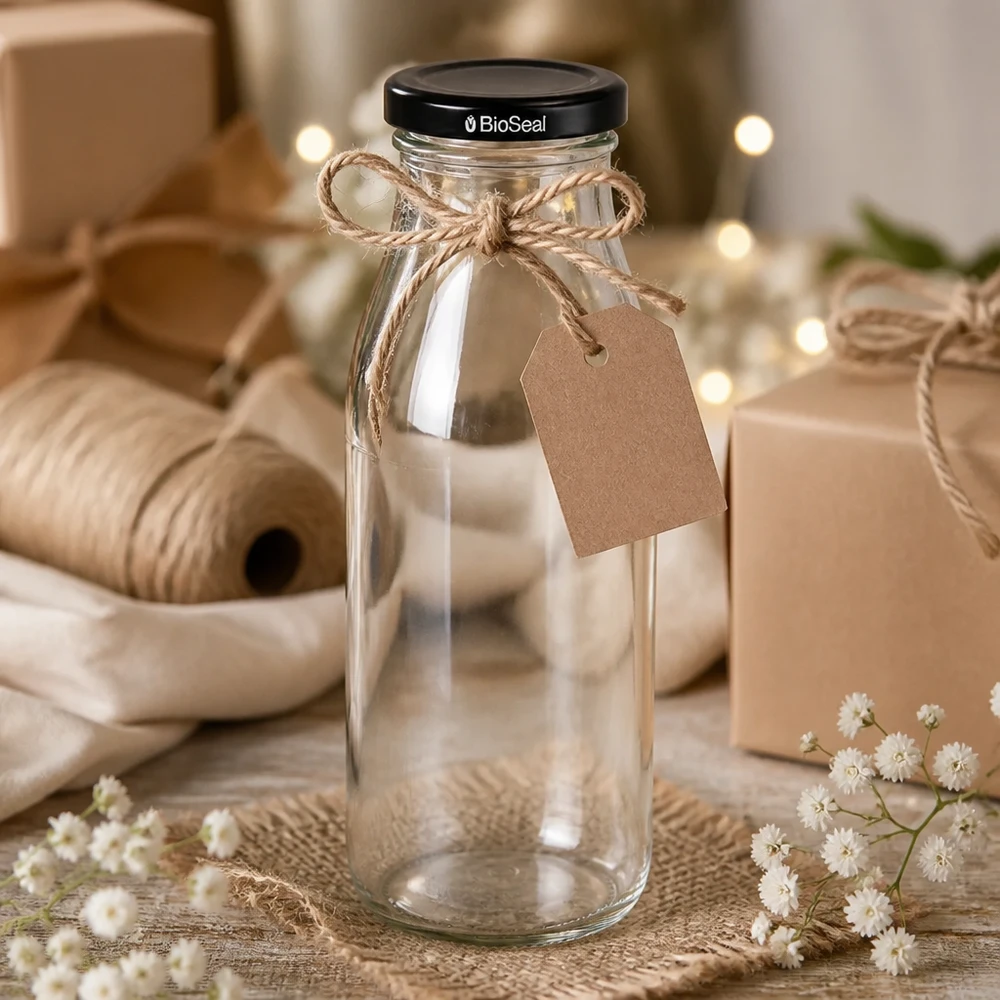 Bottiglia di vetro da 500 ml + coperchio BioSeal nero UN.. Bottiglia in vetro da 500 ml decorata con cordino di iuta e cartellino regalo come idea regalo insieme a materiali artigianali