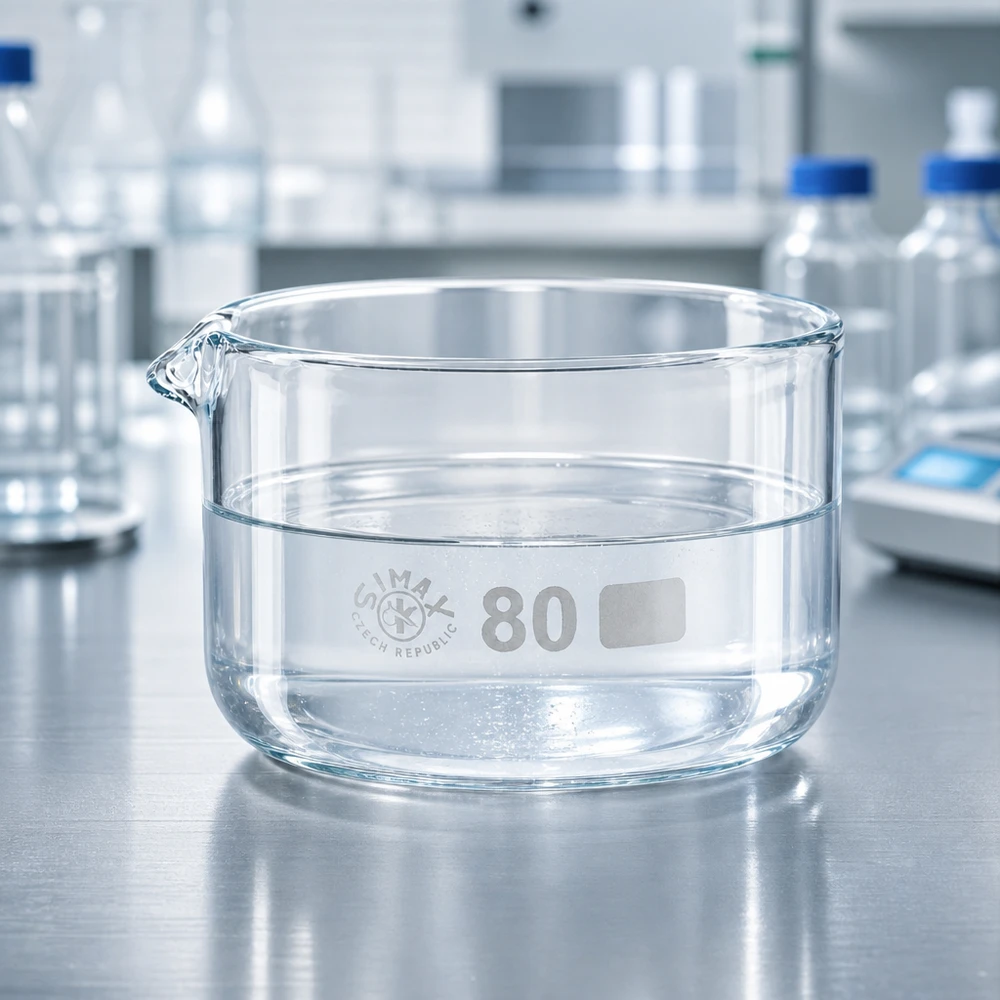Piatto per cristallizzazione da 150ml con beccuccio Bo.. ø80mm Vaschetta di cristallizzazione cilindrica bassa da 150 ml con beccuccio, su piano in acciaio inossidabile in laboratorio
