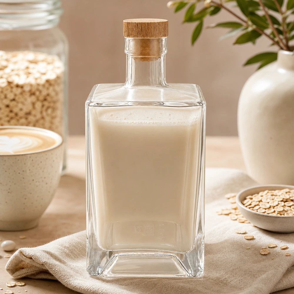 Bottiglia in vetro da 700 ml Ben con tappo in sughero con impugnatura in legno UNiTWIST® Bottiglia di vetro da 700 ml Ben riempita di latte d'avena accanto a fiocchi d'avena e tazza da caffè scenario naturale della cucina UNiTWIST
