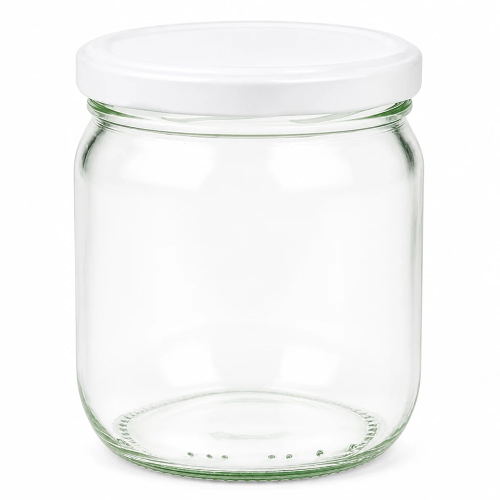 Barattolo di vetro rotondo da 425 ml con coperchio BasicSeal bianco UN..
