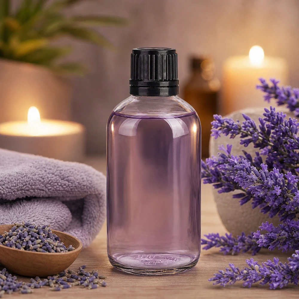 100ml (Globul)Flas. 8mm GR s. STD ClearL. UT18/100 Olio essenziale di lavanda in flacone di vetro trasparente da 100 ml con tappo nero a prova di bambino