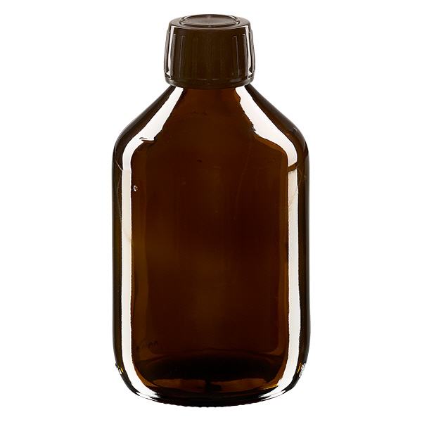 Flacone per medicinali da 300 ml marrone, tappo marrone con chiusura antimanomissione Flacone per medicinali da 300 ml marrone, tappo marrone con chiusura antimanomissione