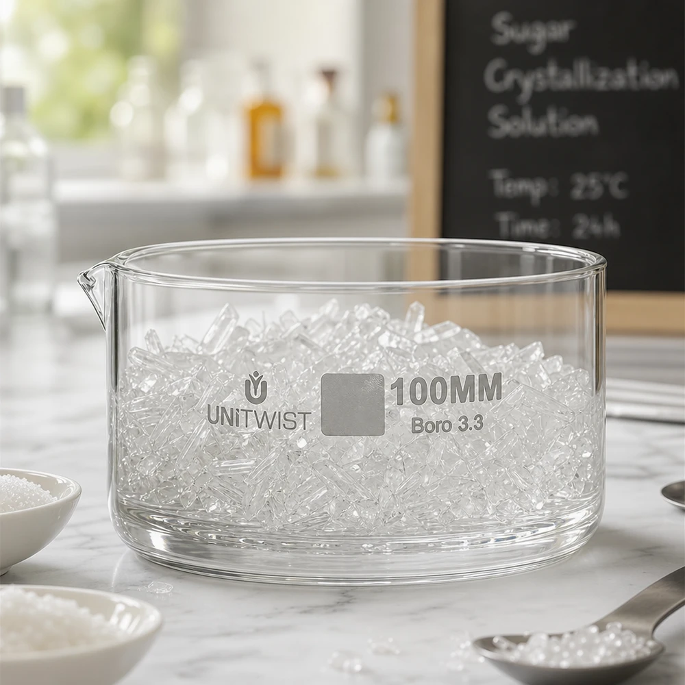 Piatto per cristallizzazione ø100mm in vetro borosilicato UNiTWIST Ciotola di cristallizzazione da 100 mm con cristalli di zucchero, vetro borosilicato, ciotola da laboratorio UNiTWIST per cristallizzazione