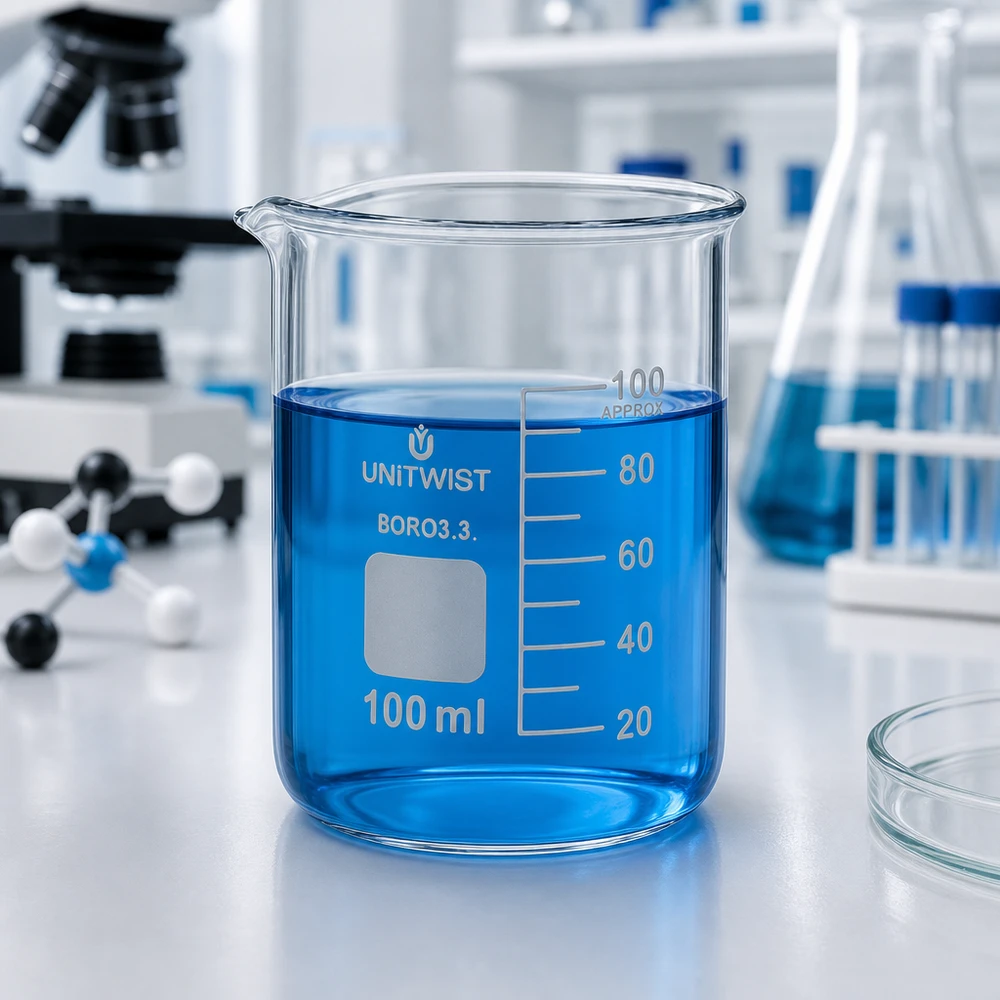 Bicchiere da laboratorio UNiTWIST da 100 ml in borosilicato, forma bassa, con liquido blu