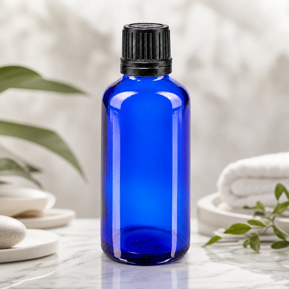 Flacone contagocce blu da 50 ml con inserto contagocce da 1 mm per un dosaggio preciso degli oli essenziali