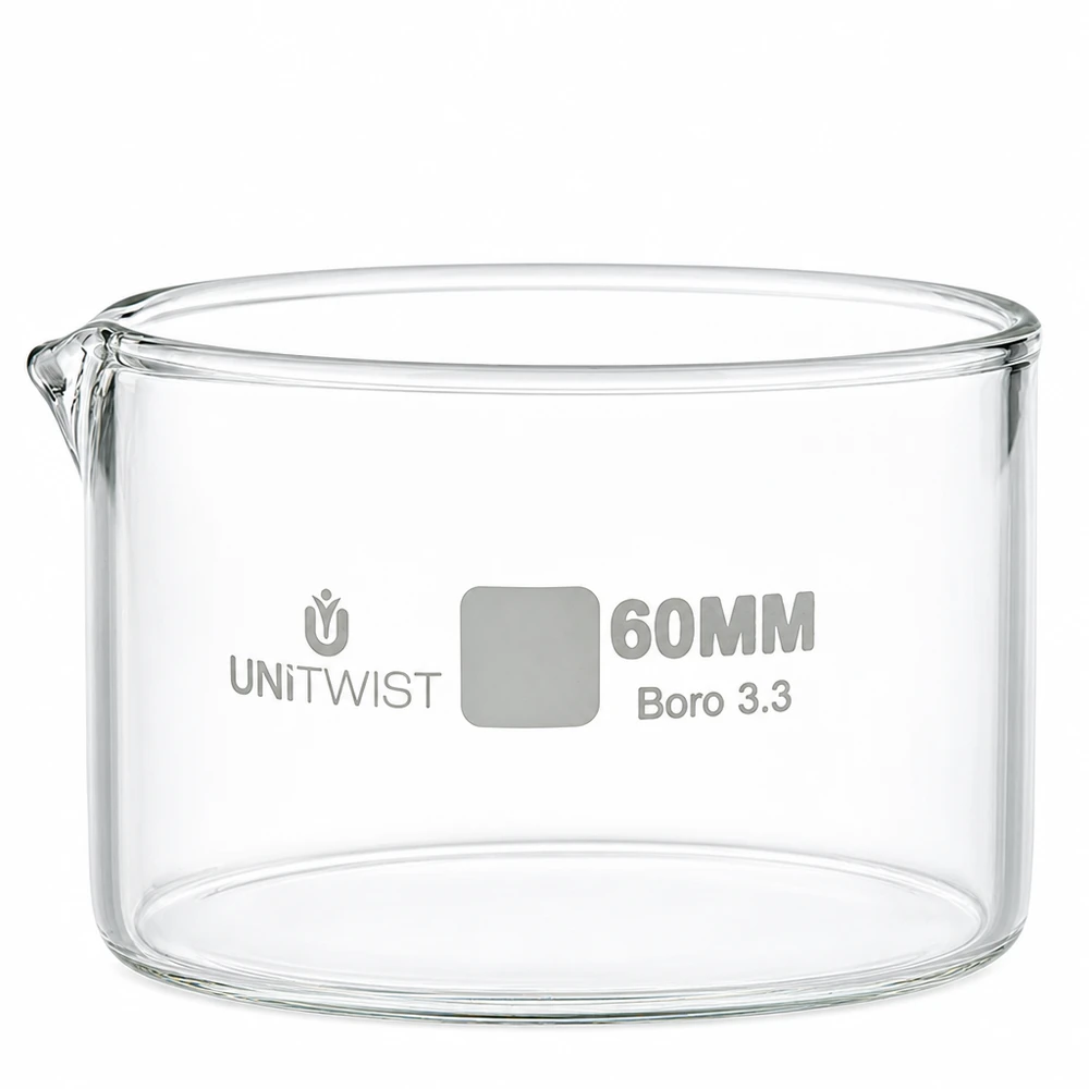 Ciotola di cristallizzazione da 60 mm in vetro borosilicato UNiTWIST Boro 3.3, trasparente, cilindrica, con beccuccio