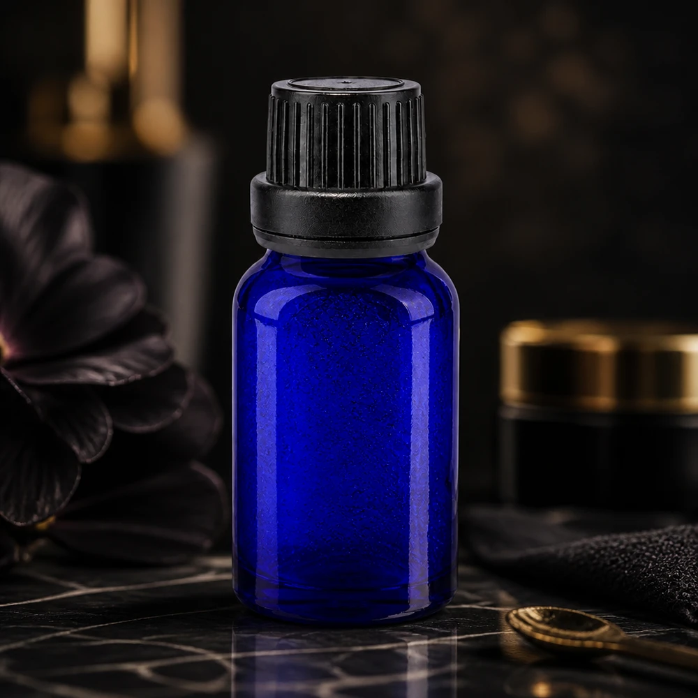 Flacone contagocce blu da 10ml OV nero/2mm ApoGlas Flacone da farmacia da 10 ml di colore blu scuro con tappo contagocce a prova di bambino e anello di integrità nero