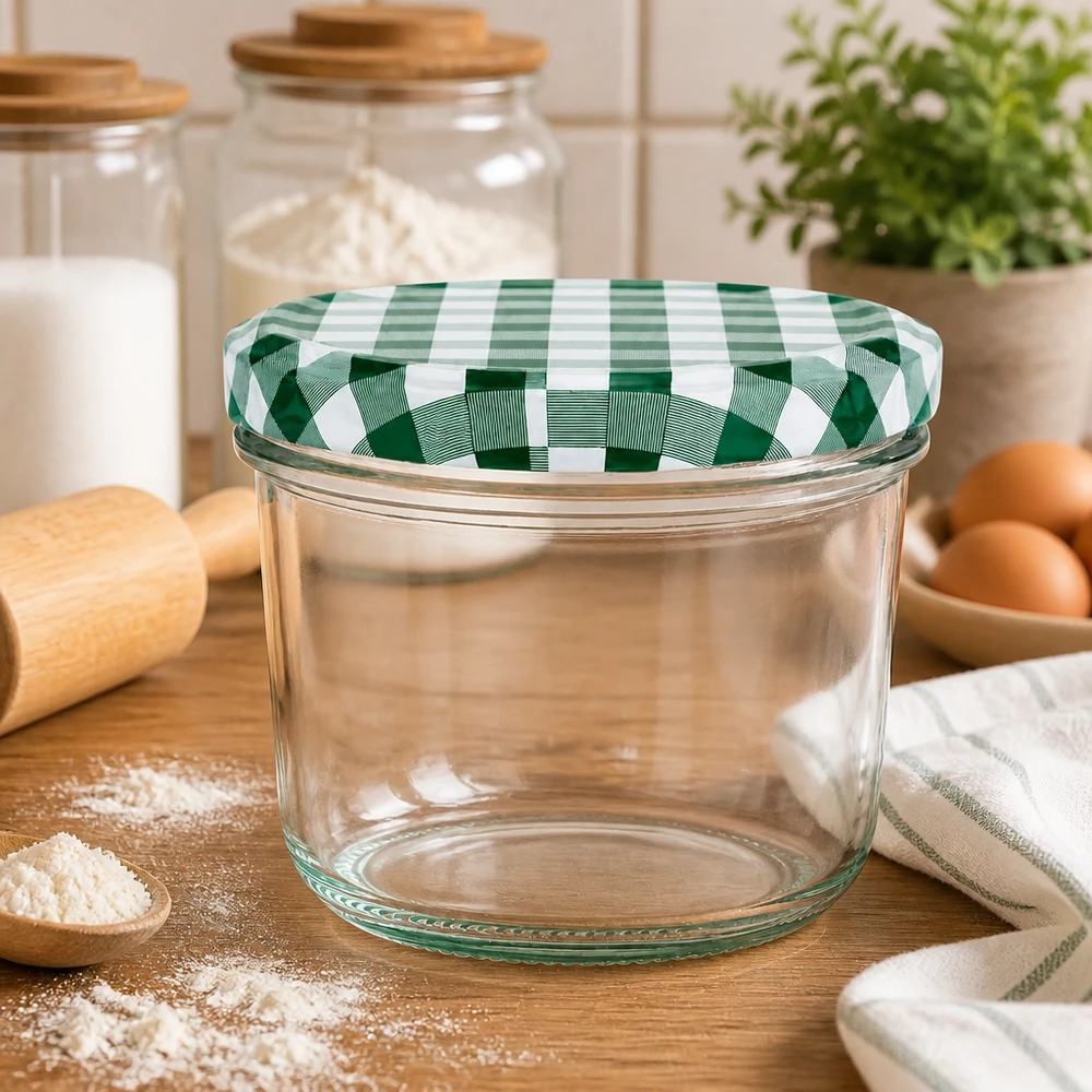 Bicchieri da 230 ml + coperchio BasicSeal verde/bianco UN.. Bicchieri vuoti da 230 ml BasicSeal coperchio Scena di cucina a scacchi bianchi e verdi Farina uova tavola di legno Barattolo per conserve