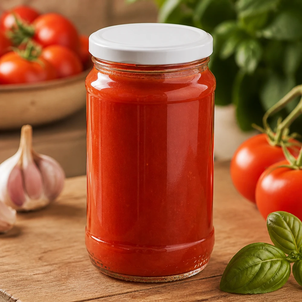 Vaso di vetro rotondo da 370 ml + BasicSeal bianco UNiTWIST UNiTWIST 370 ml, barattolo rotondo in vetro BasicSeal bianco, ideale per la conservazione di salsa di pomodoro e sughi per la pasta
