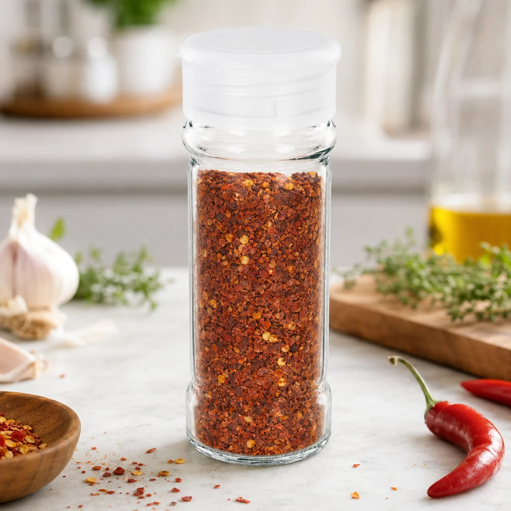 Barattolo per spezie da 100 ml riempito con fiocchi di peperoncino e dotato di coperchio dosatore bianco