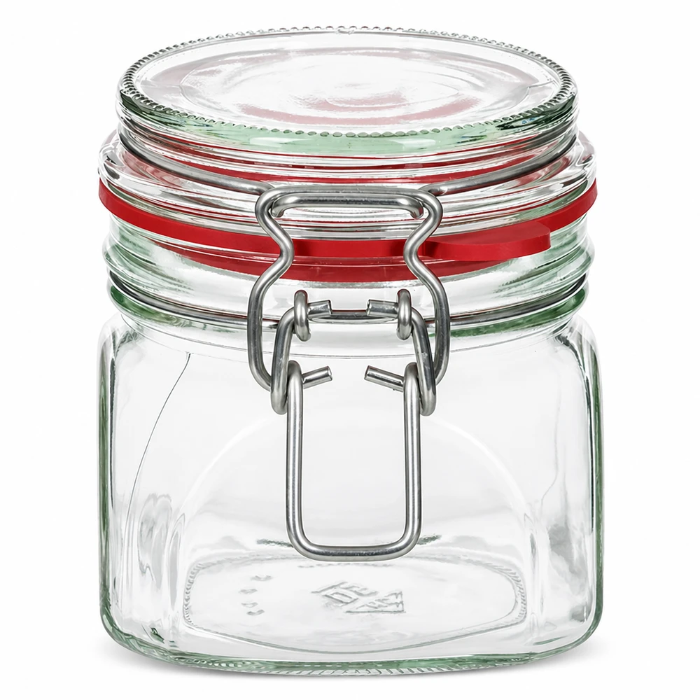 Barattolo da 370 ml con tappo girevole e anello di gomma rosso per una conservazione ermetica.