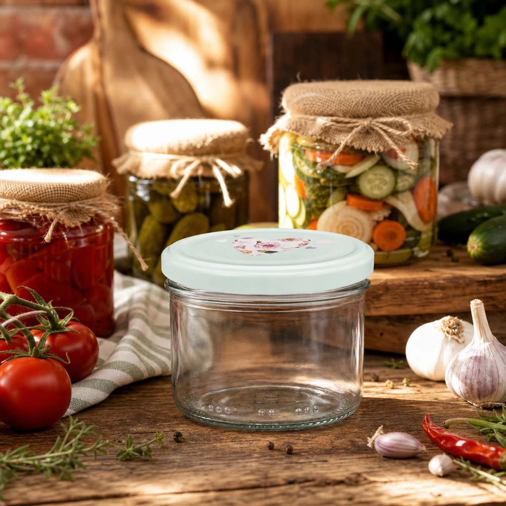Barattolo cilindrico da 230 ml + coperchio BasicSeal cuore menta Barattolo cilindrico da 230 ml con coperchio a forma di cuore di menta nella cucina rustica tra i barattoli di pomodori ed erbe aromatiche