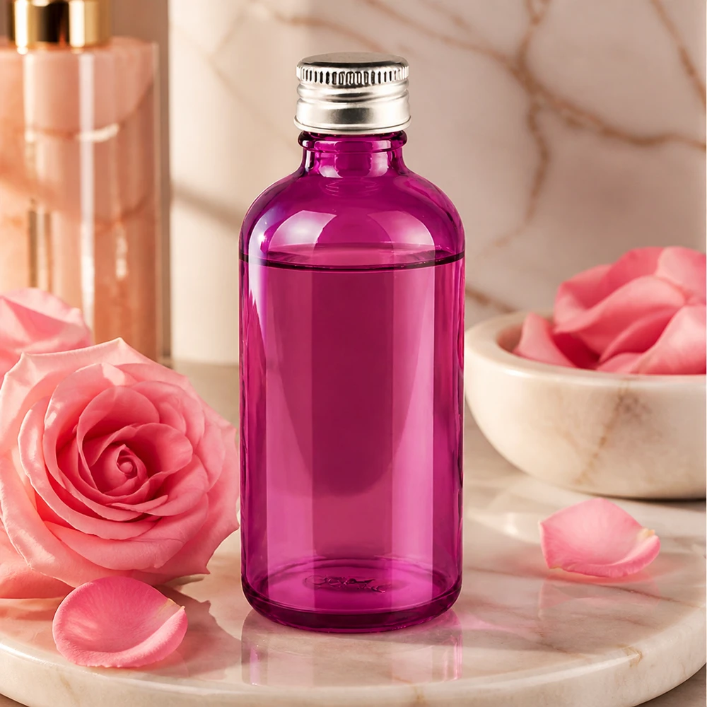 Bottiglia da 100 ml. Tappo a vite da 11 mm alluminio-argento standard PurpleLine. UT18/100 Flacone piccolo in vetro viola da 100 ml, ideale per le confezioni da viaggio di sieri e oli per la cura della pelle.