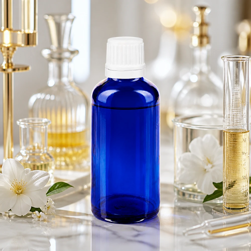 Bottiglia da farmacia blu da 50ml. SV OV bianco/11mm ApoGlas Flacone di vetro da 50 ml blu cobalto con tappo di sicurezza per bambini bianco in ambiente di laboratorio