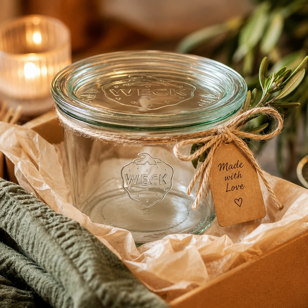 Barattolo da 370 ml con coperchio in vetro WECK RR100 Barattolo per conserve WECK 370ml RR100 confezionato con nastro di rafia ed etichetta Made with Love in confezione regalo