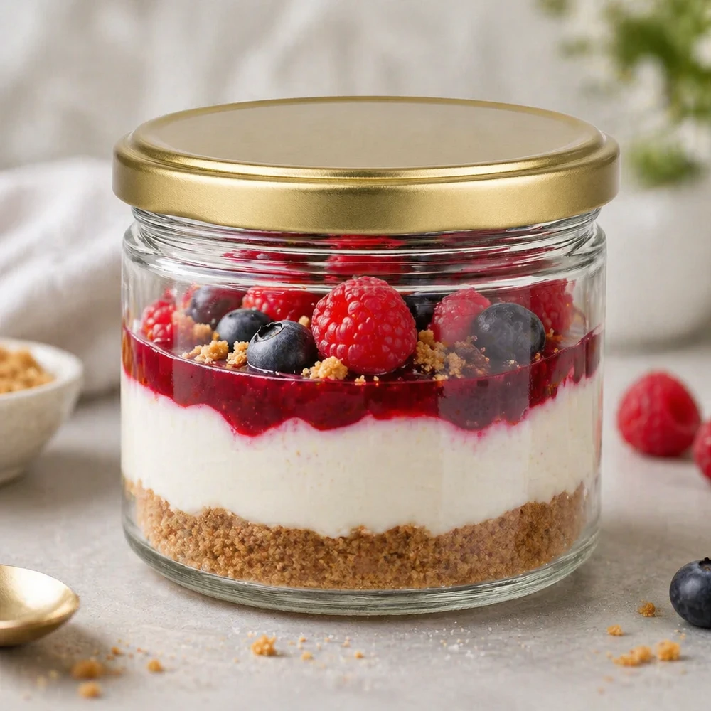 Vasetto per miele da 700 g con capsula dorata BasicSeal UNiTWIST Vasetto da 700 g BasicSeal con coperchio dorato come vasetto da dessert per dessert a strati con bacche e base di biscotti