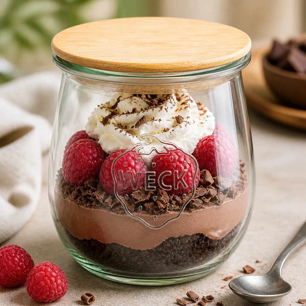 Vaso per tulipani da 220 ml WECK RR60 con coperchio in legno Vaso a tulipano WECK 220ml RR60 con coperchio in legno come vaso da dessert - Mousse al cioccolato con lamponi e panna in un vaso da conserva
