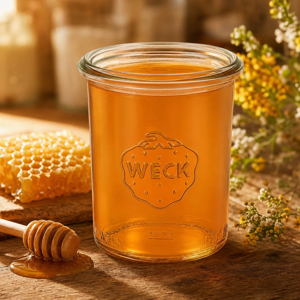 Vaso di vetro WECK RR60 da 160 ml riempito di miele su un tavolo di legno con nido d'ape e cucchiaio da miele decorazione naturale