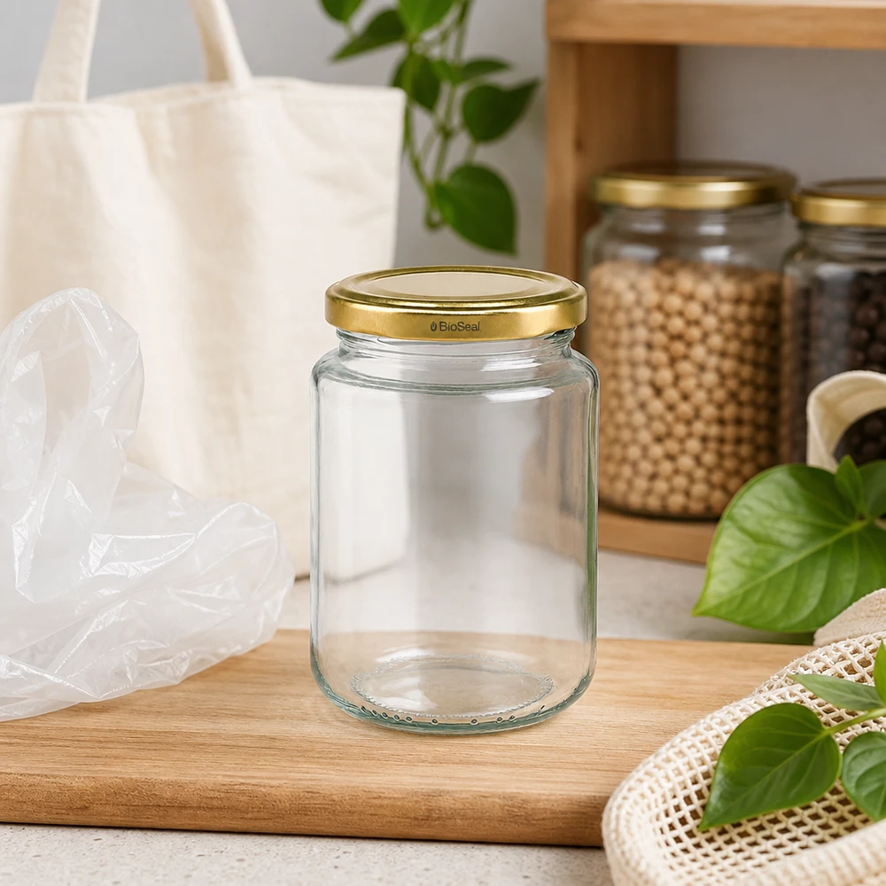 UNiTWIST Runda382 con coperchio dorato TO66 BioSeal UNiTWIST Runda382 barattolo per conserve in cucina a spreco zero, coperchio sostenibile TO66 BioSeal oro, ambiente con tavola di legno