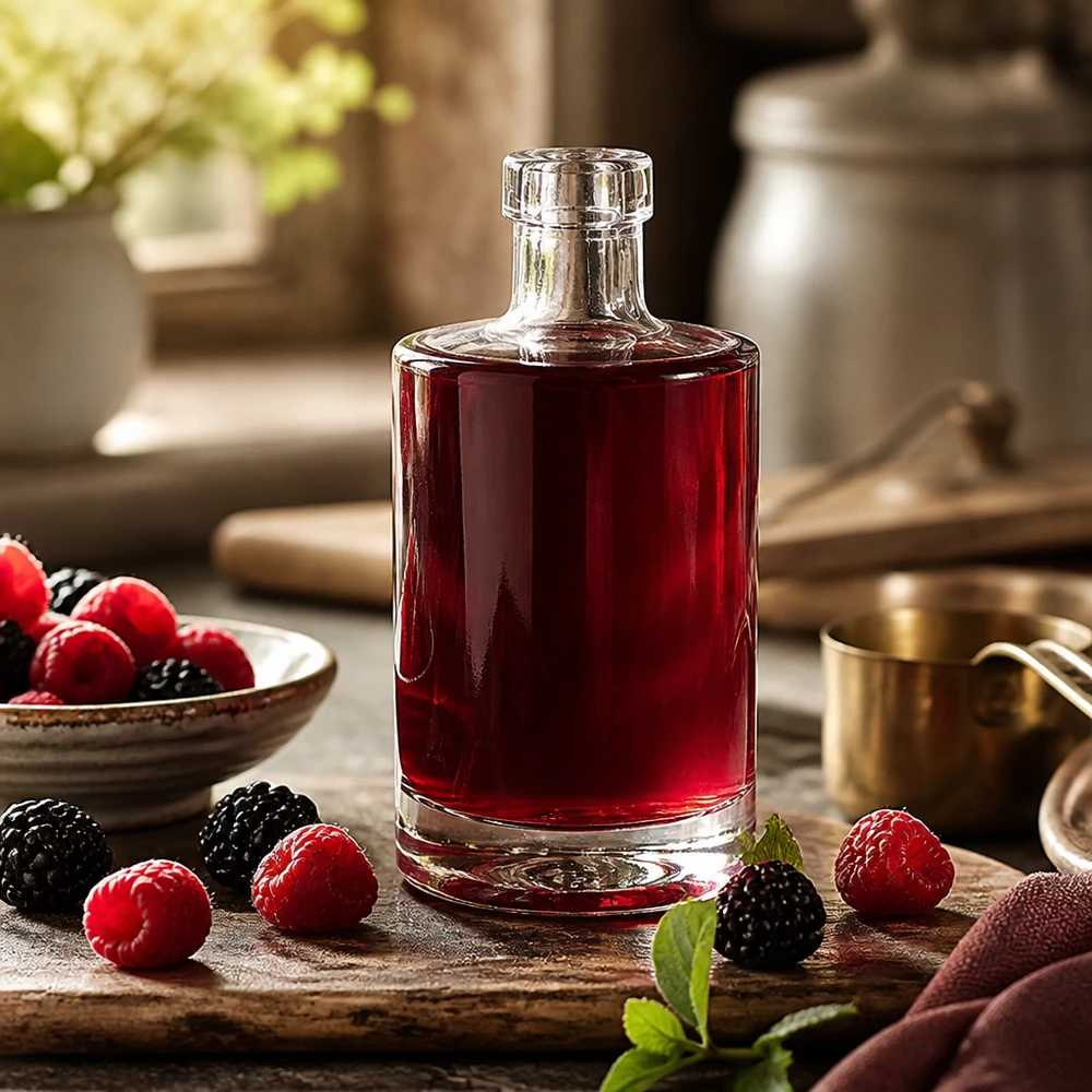Bottiglia in vetro da 350 ml Marie senza tappo UNiTWIST® 350ml Glasflasche Marie mit rotem Beerensaft befüllt umgeben von frischen Himbeeren und Brombeeren rustikale Küche Bild