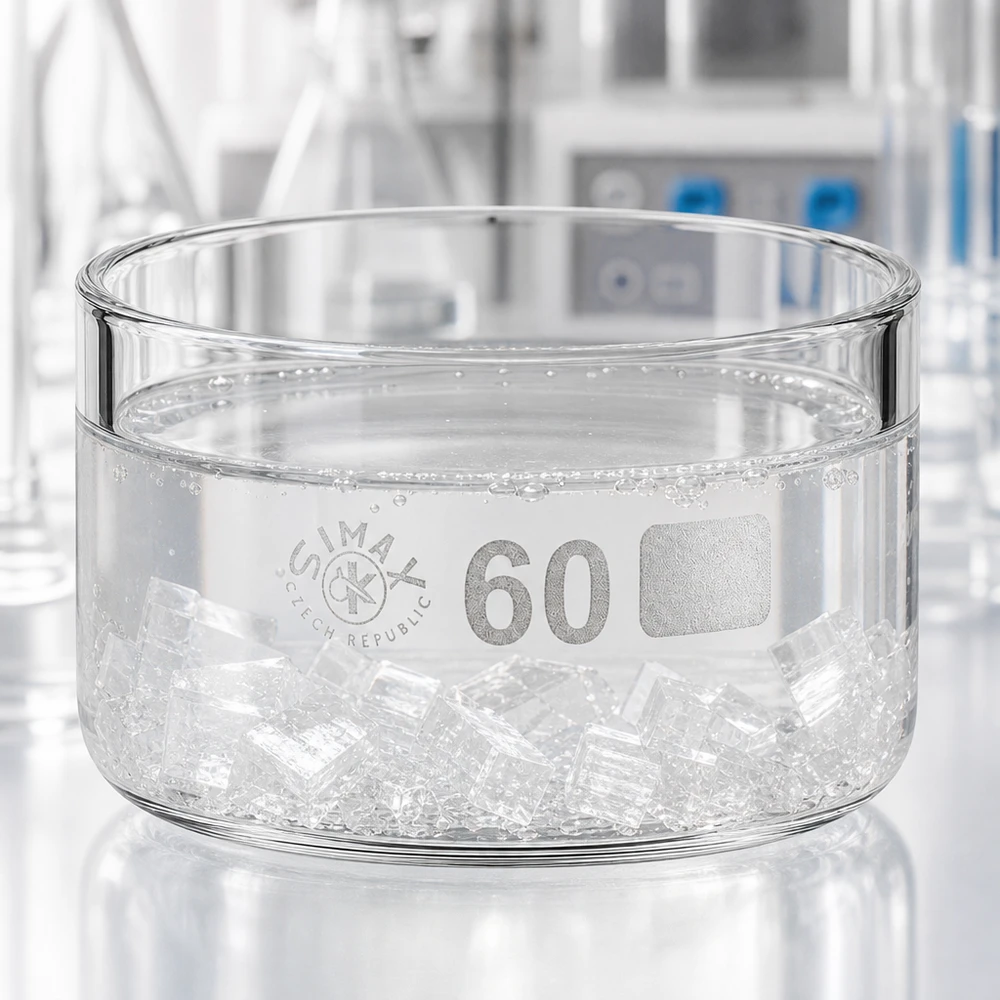 Bicchiere per cristallizzazione da 60 ml senza beccuccio Bo.. ø60mm Vaschetta di cristallizzazione da laboratorio trasparente da 60 ml con cubetti di ghiaccio e bolle d'acqua nel laboratorio scientifico