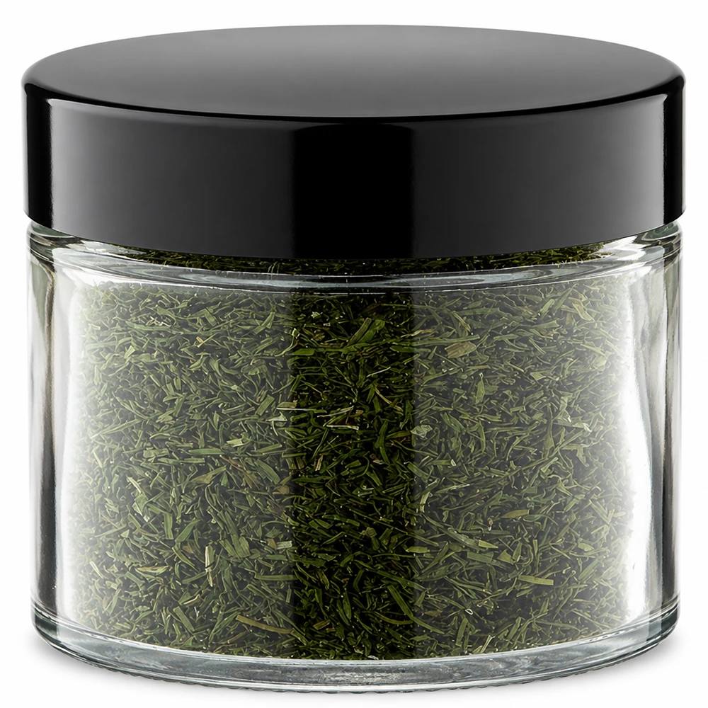 Idea per le spezie: barattolo in vetro trasparente da 30 ml con tappo a vite Idea per le spezie: vasetto di vetro da 30 ml riempito con erbe aromatiche e tappo nero