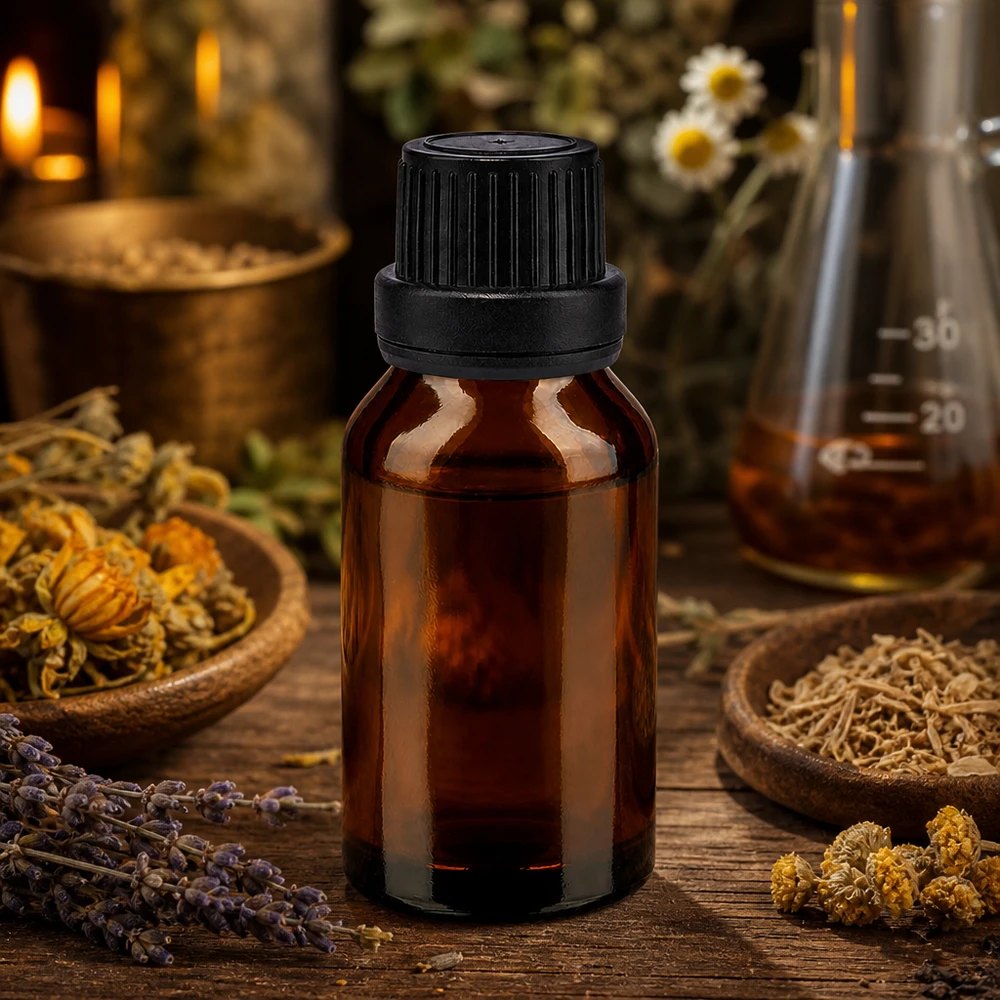 Bottiglia di vetro marrone da 30 ml con tappo a vite nero, circondata da erbe medicinali essiccate e fiori
