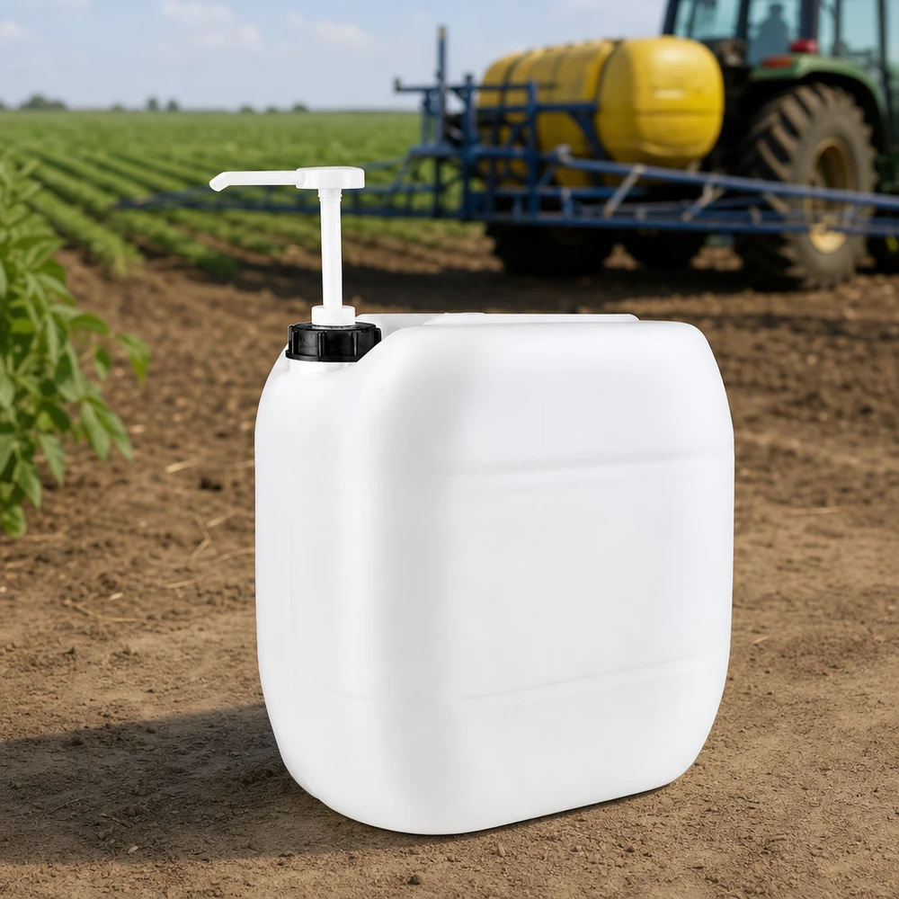 Tanica da 30 litri con pompa dosatrice utilizzata in ambito agricolo nei campi coltivati