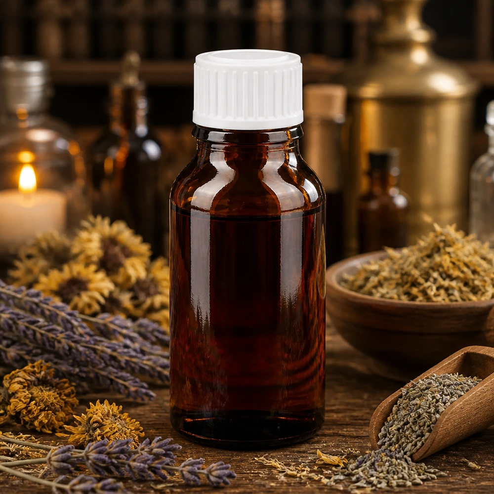 Flacone da farmacia da 15 ml in vetro marrone con tappo a vite bianco, tra erbe essiccate e lavanda