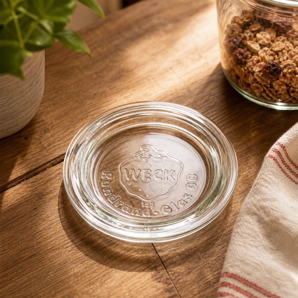 Coperchio in vetro WECK RR60 trasparente su tavolo in legno con barattolo per il muesli e scena di cucina rustica in tessuto da cucina