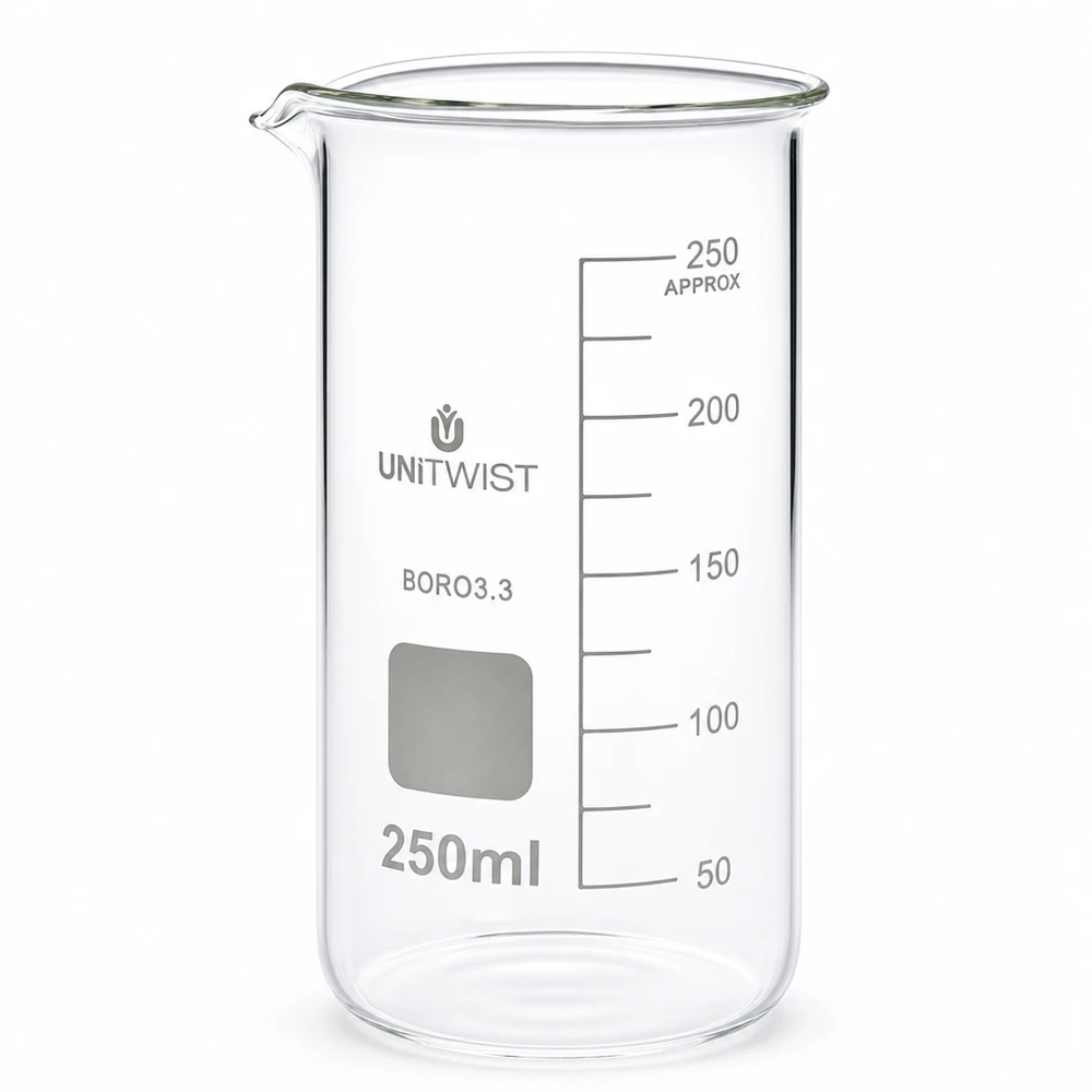 Bicchiere da laboratorio da 250 ml, modello alto, in vetro borosilicato di UNITWIST con scala in millilitri