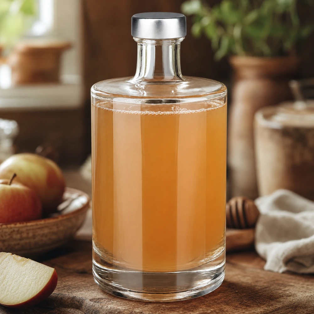 Bottiglia di vetro da 500 ml Sam riempita di succo di mela accanto a mele e miele cucina naturale aspetto caldo legno