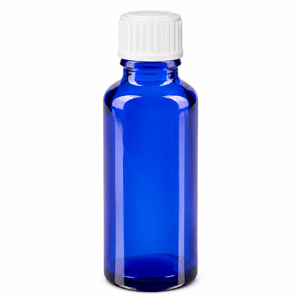Bottiglia da farmacia blu da 30ml. SV STD bianco/11mm ApoGlas Flacone da farmacia in vetro blu da 30 ml con tappo a vite bianco da 11 mm